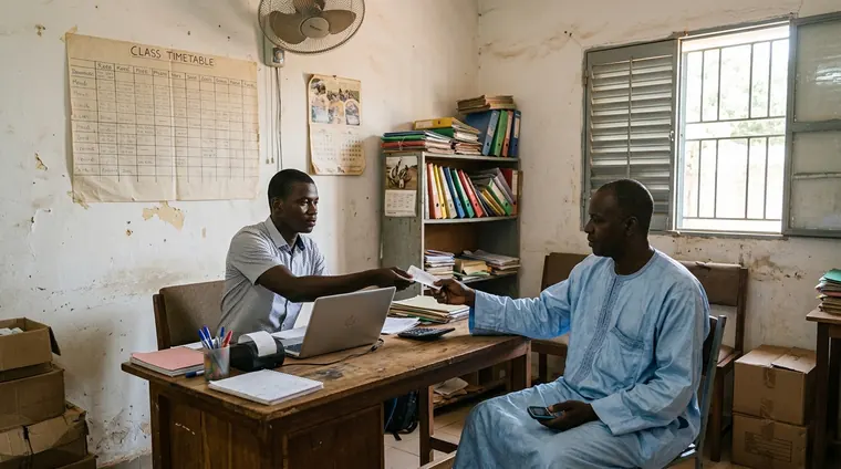 Au bureau d'une école, le caissier remet un reçu imprimé à un père de famille.