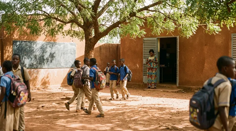 La cour d'une école de Bamako à la récréation ; la secrétaire regarde son téléphone sur le pas du bureau.