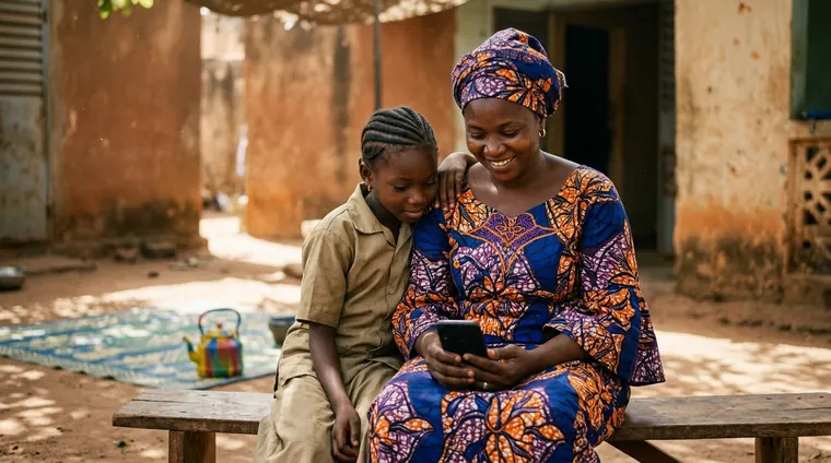 Une mère et sa fille, en uniforme scolaire, regardent ensemble un téléphone dans la cour de la maison.